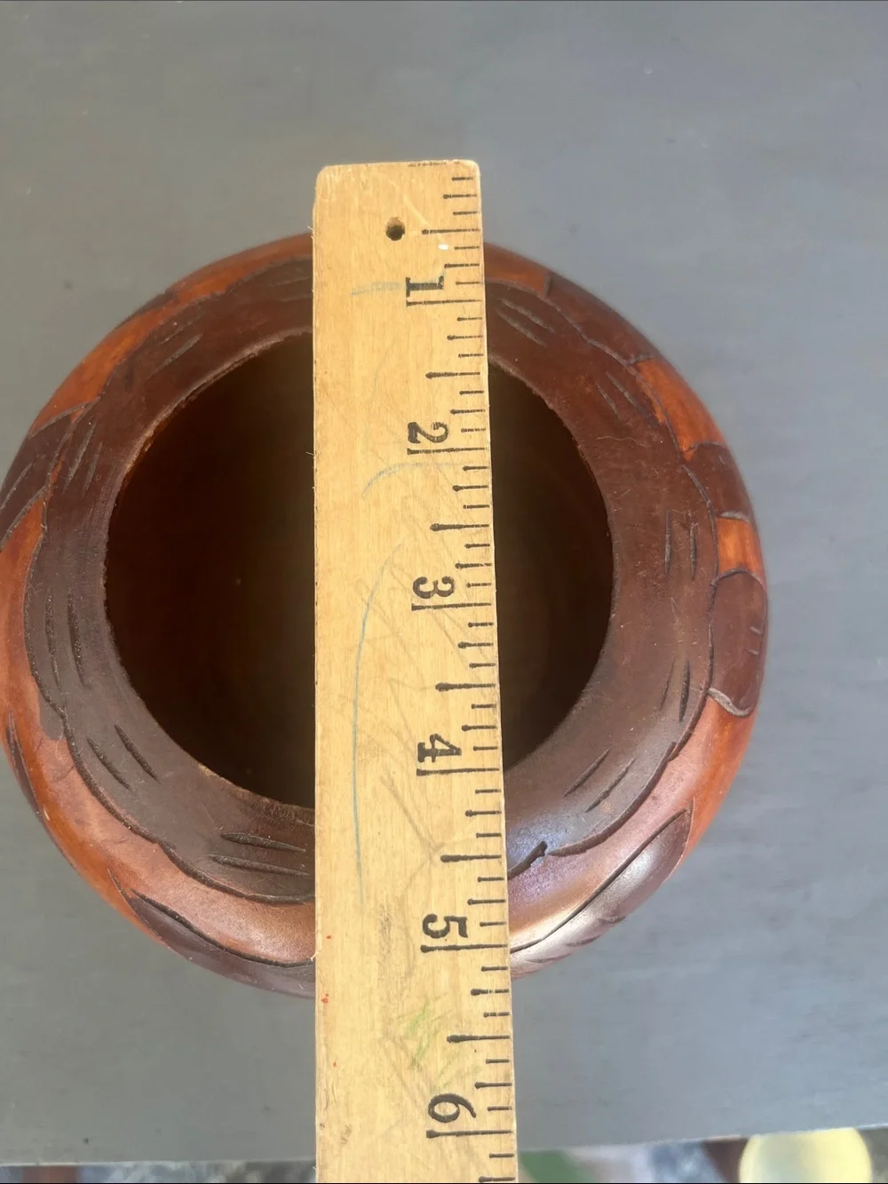 Vintage Hand-Carved Turned Wood Bowl Warm Brown Finish with Fish & Floral Design